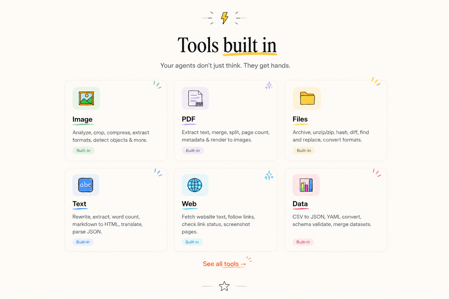 Tools built in - Image, PDF, Files, Text, Web, Data